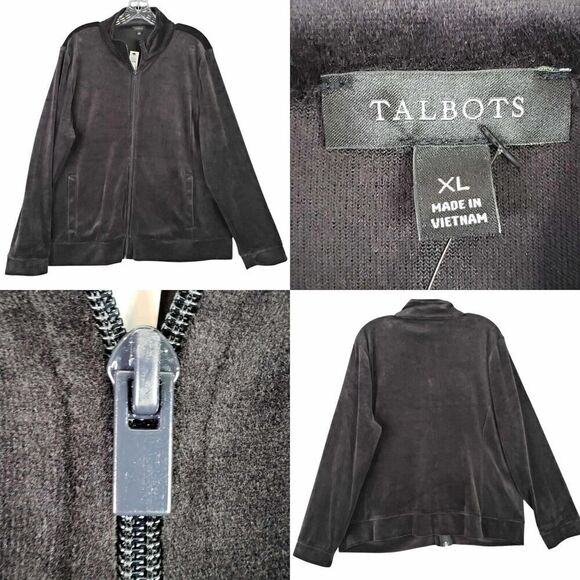 Talbots Velour Jacket Zip Up Womens Size XL Black Velvet Long Sleeve Pockets New - Picture 1 of 8